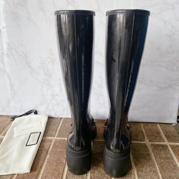 Gucci Horsebit Trip Lug Platform Heel Knee High Waterproof Rain Boot Black EU 37 - Picture 9 of 16
